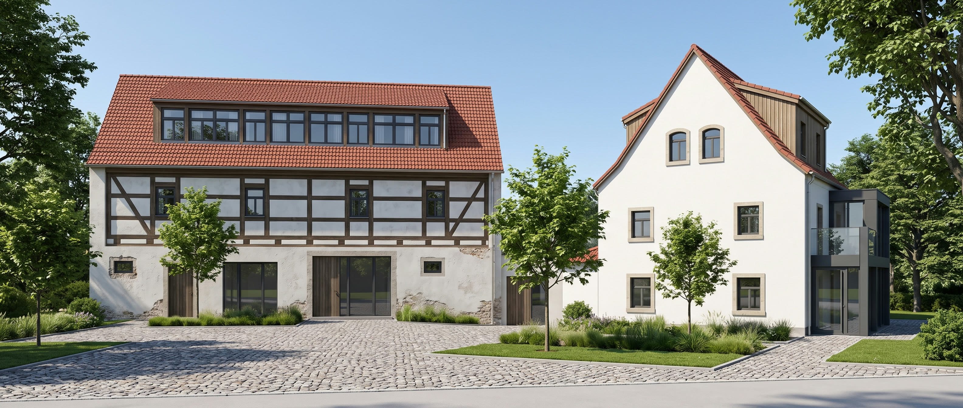 Visualisierung der Hofansicht mit Wiese — Haus am Brunnen und alte Scheune